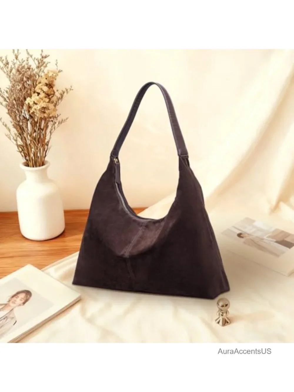 Suede Slouchy Hobo Shoulder Bag, Spacious Tote Handbag for Work Casual